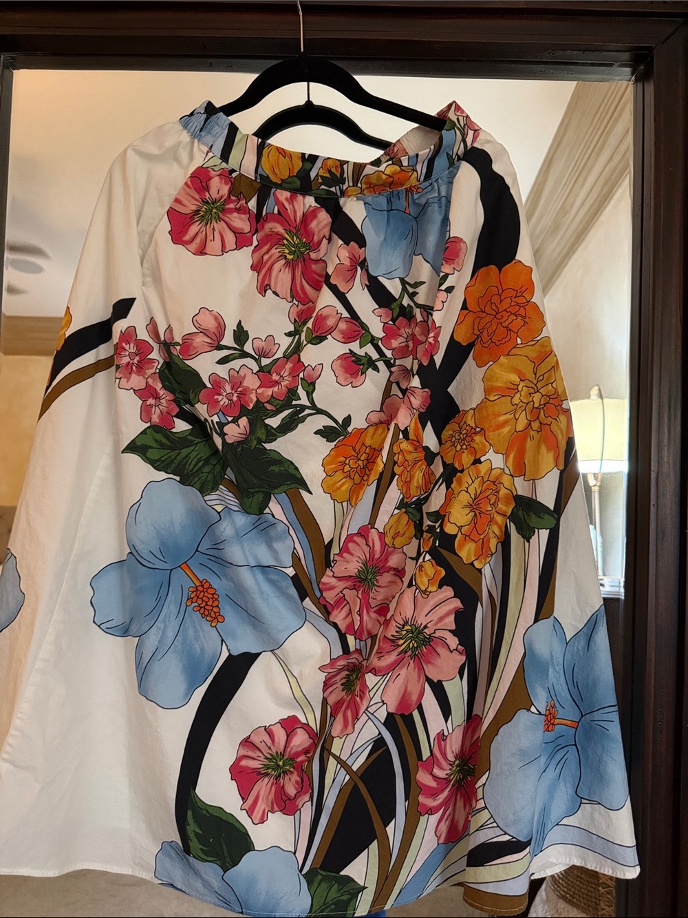 Tahari White Floral Blouson Top with Blue Pink & Orange Blooms